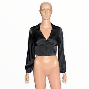 Zara Black Satin Long-Sleeve Cropped Button-Up Top